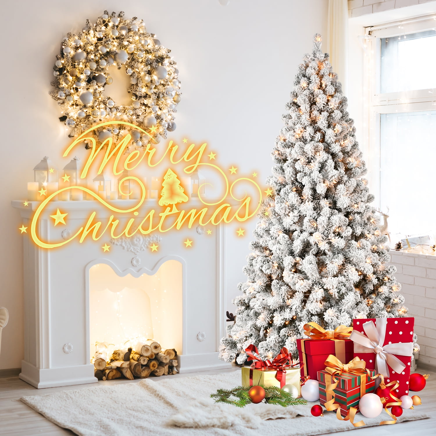 Euroco 8ft Flocked Pre-Lit Christmas Tree with 500 UL Warm White Lights, 1460 PVC Tips, Auto-Unfold Memory Wire, Easy Assembly & Stable Metal Stand – Snowy Holiday Decor