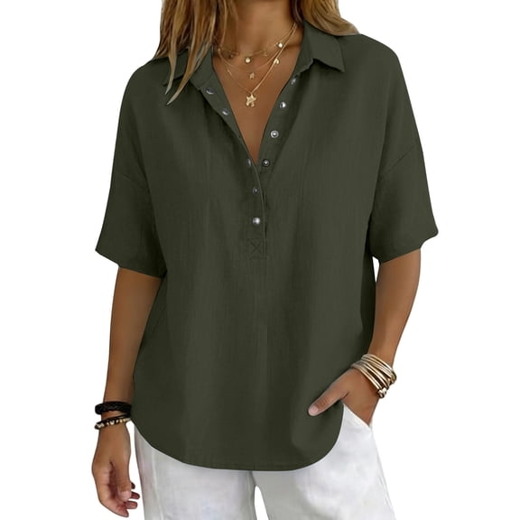 Yuanlong Women's Tee Shirts Collared Neck Elbow-Length Sleeve Half Button Placket Tees Solid Elegant Business Casual Tops