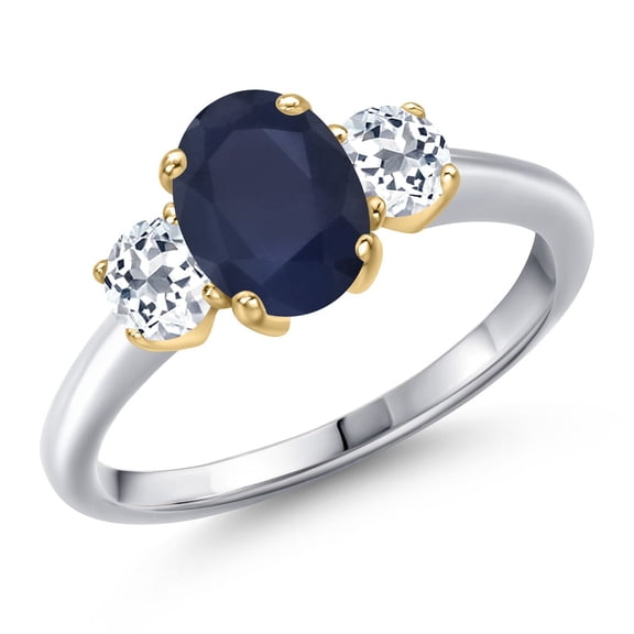Gem Stone King 10K Two Tone Gold Blue Sapphire and White Topaz Engagement Ring for Women | 2.46 Cttw | Oval 8X6MM | Gemstone September Birthstone | Size 8