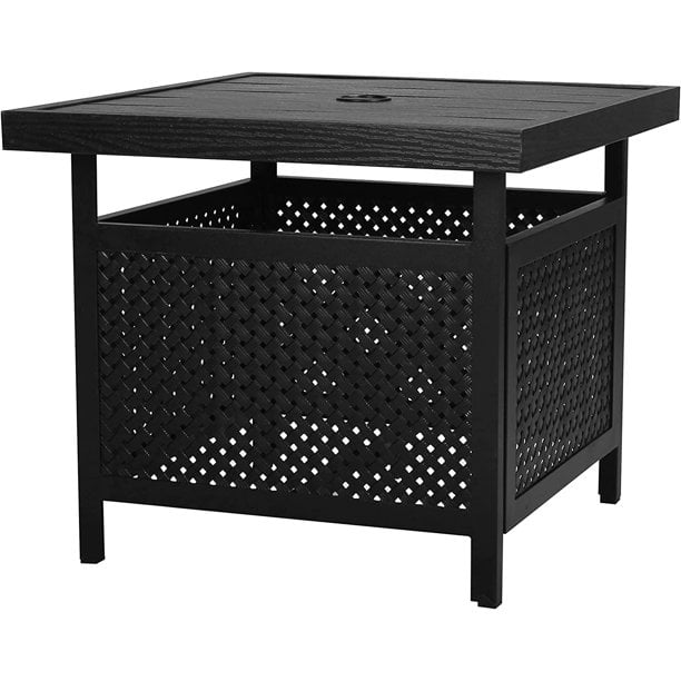 Bigroof 22" Patio Side Table with Umbrella Hole, Steel Square End Table Rattan for Patio Garden
