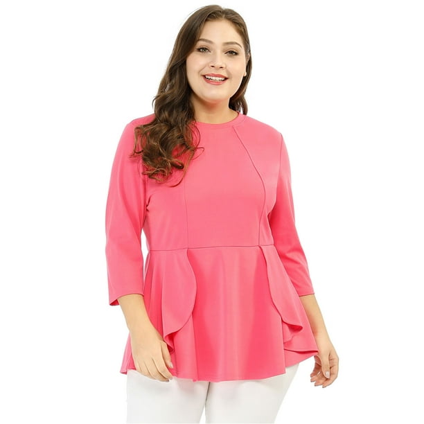 Unique Bargains - Women's Round Neck Plus Size Peplum Top Pink ...