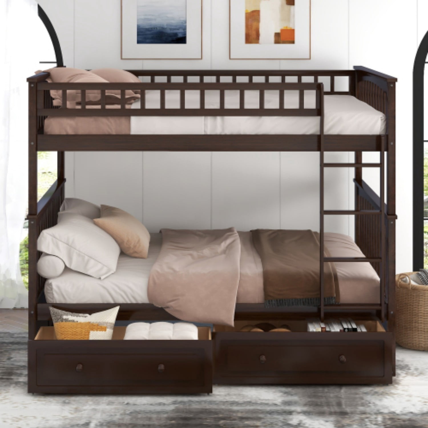 Full Over Full Bunk Bed with Storage Drawers, Convertible Wood Bunk Bed Frame with Safety Guardrails, Solid Pine Wood Kids & Adult Bed for Bedroom, Espresso