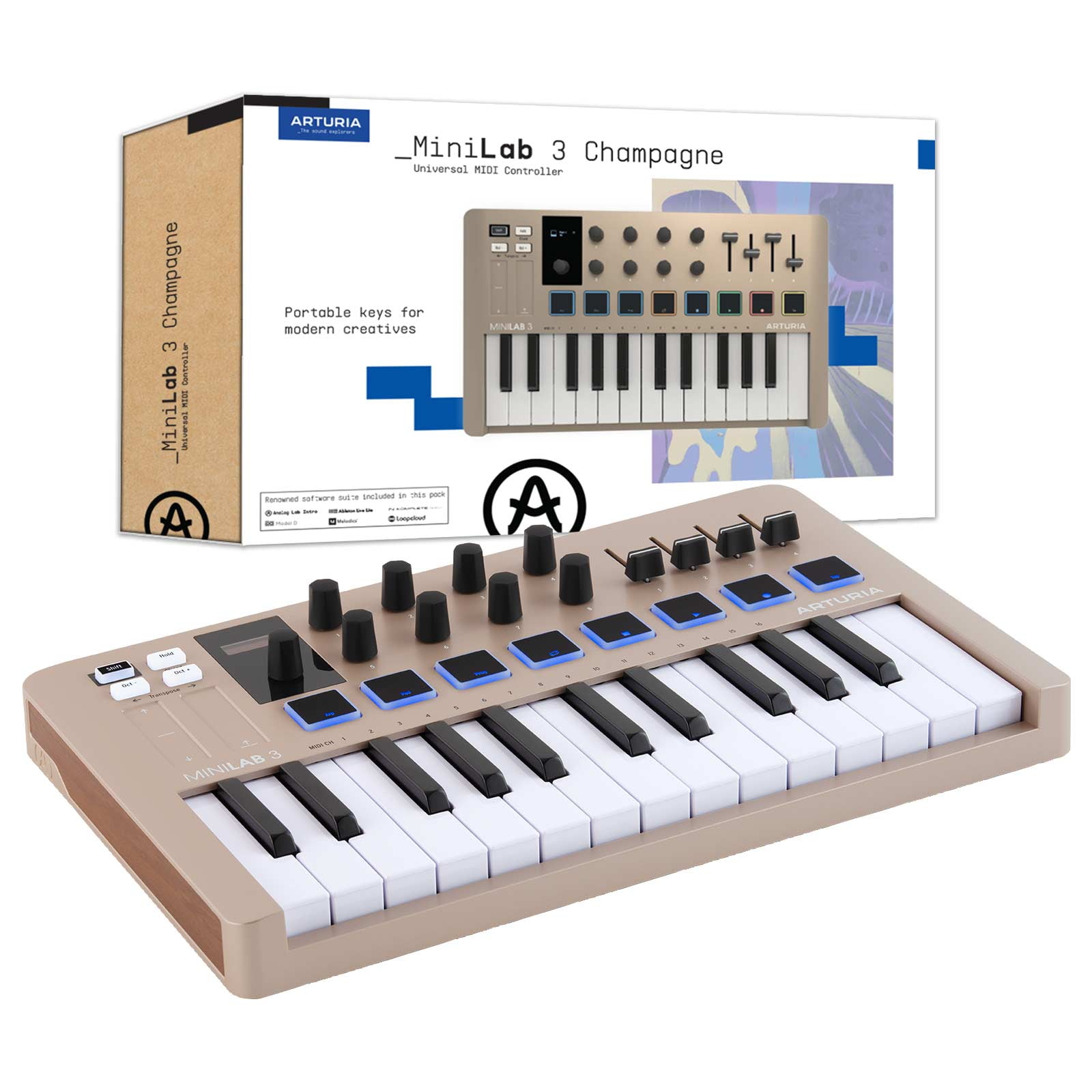 Arturia MiniLab 3 Champagne Universal MIDI Keyboard Controller with Case Package