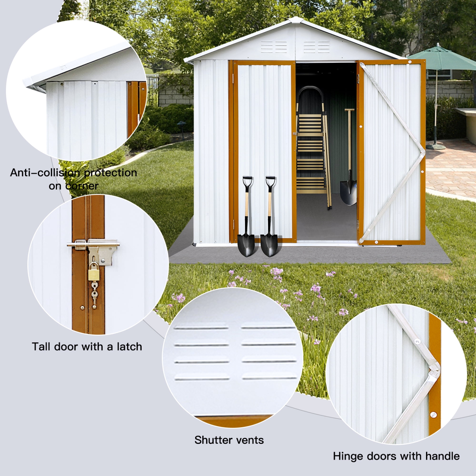 Outdoor Storage Garden Sheds 6FTx4FT Apex Roof Lockable Doors for Backyard White+Yellow