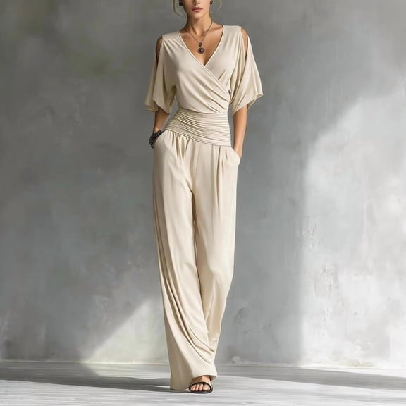Morttic Women's Elegant Cold Shoulder V-Neck Slim Fit Jumpsuit – Ruched Waist Wide Leg Office Party Romper with Side Pockets Apricot,S