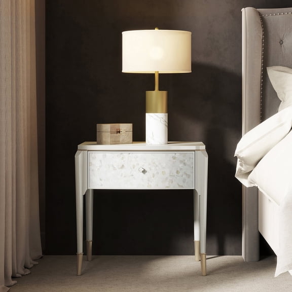 JTH Luxe Perla 25" Mother-of-Pearl Mosaic Storage Side Table, Akoya Cream White Pearl Paint