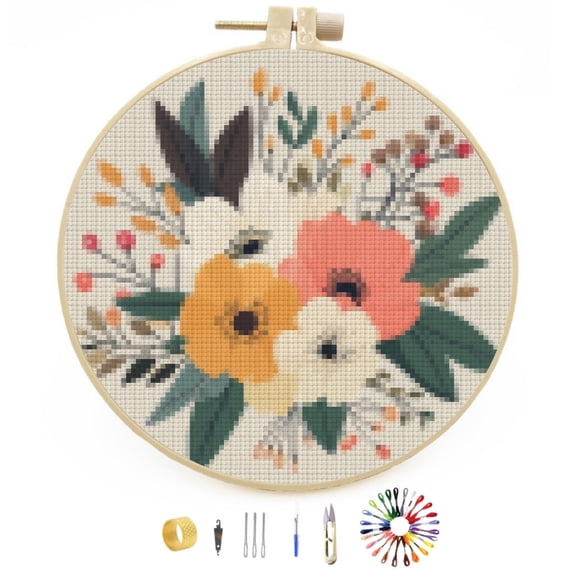 DIY Stamped Cross Stitch Kits Wedding Flowers Easy for Beginners with Hoop 11CT Counted Embroidery Needlepoint Crafts Arts for Handmade Enthusiasts and Home Decor 30x30cm(3)