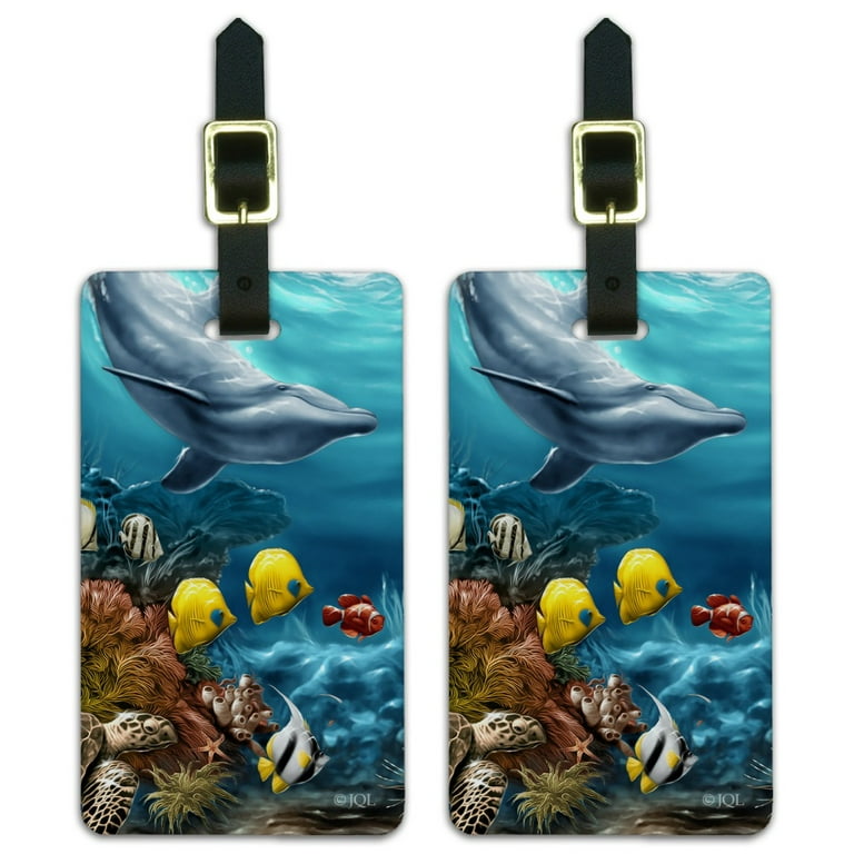 Coral Reef Ocean Scene Dolphin Turtle Shark Stingray Fish Luggage ID Tags  Suitcase Carry-On Cards - Set of 2 