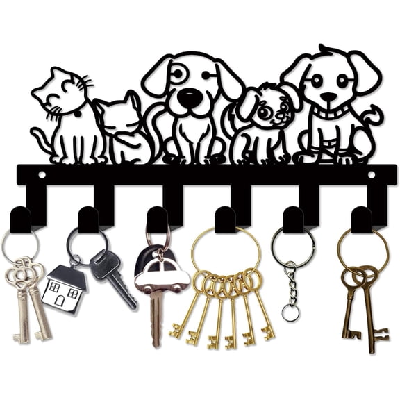 Dog Metal Key Holder Wall Mount Cat Key Hanger 6 Hooks Decorative Black Coat Towel Clothes Hanging Rack Organizer