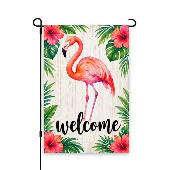 Welcome Flamingo Garden Flag 12x18 Inch Tropical Hibiscus Design Outdoor Decor for Yard, Lawn, Patio, or Porch - Bright, Colorful Summer Display