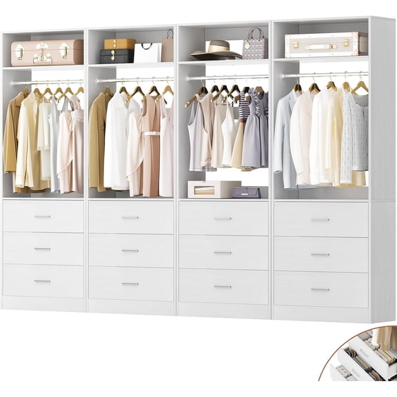 Aheaplus 4-Piece 96" Heavy Duty Walk-in Closet System - 12 Wood Drawers, 4 Hanging Rods, 4 Shelves, White (96"L x 15"W x 80"H)