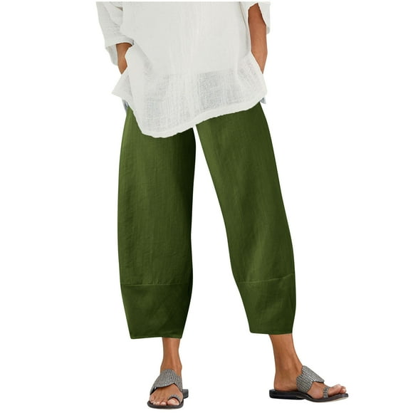 Capri Pants for Women High Waisted Cropped Cotton Linen Wide Leg Pants Comfy Baggy Lounge Trousers with Pockets Green