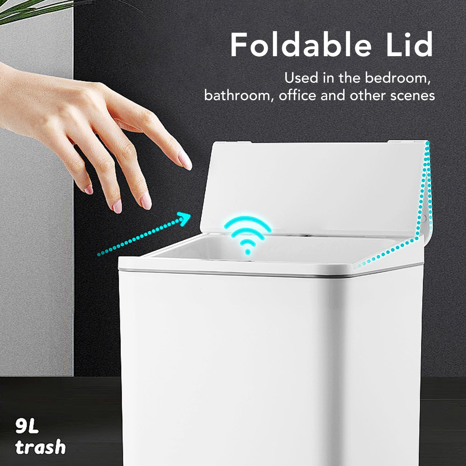 BIMZUC 9L Smart Sensor Trash Can, USB Charging Automatic Electric Garbage Bin with Foldable Lid for Kitchen, Bathroom, Office, White