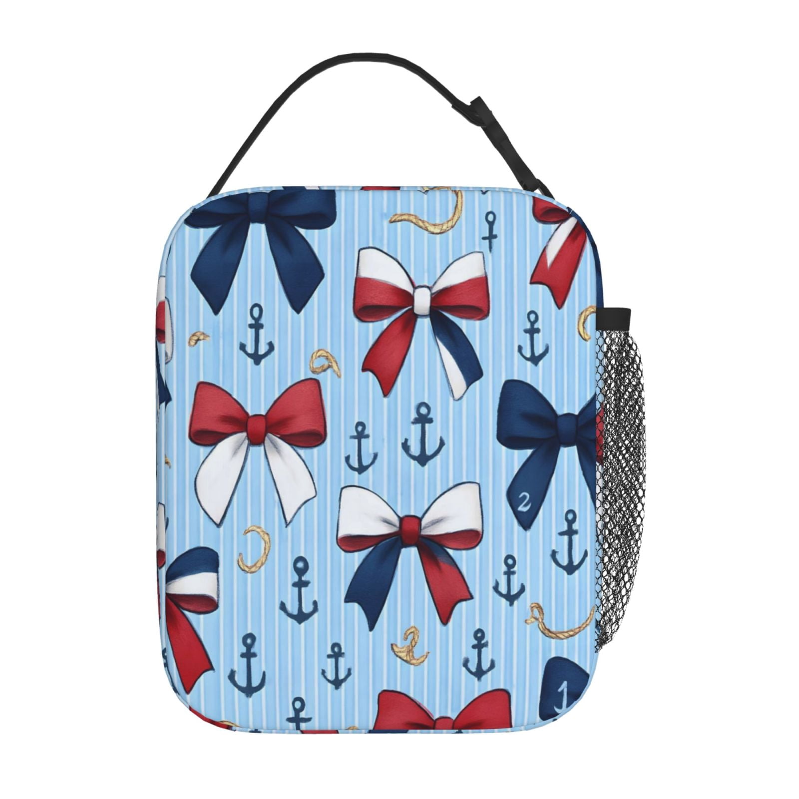 Lunch Bag For Women Men Insulated Portable Lunch Box Bento Box Office Picnic Travel Cooler Bag Nautical Theme Ribbon Bow Pattern