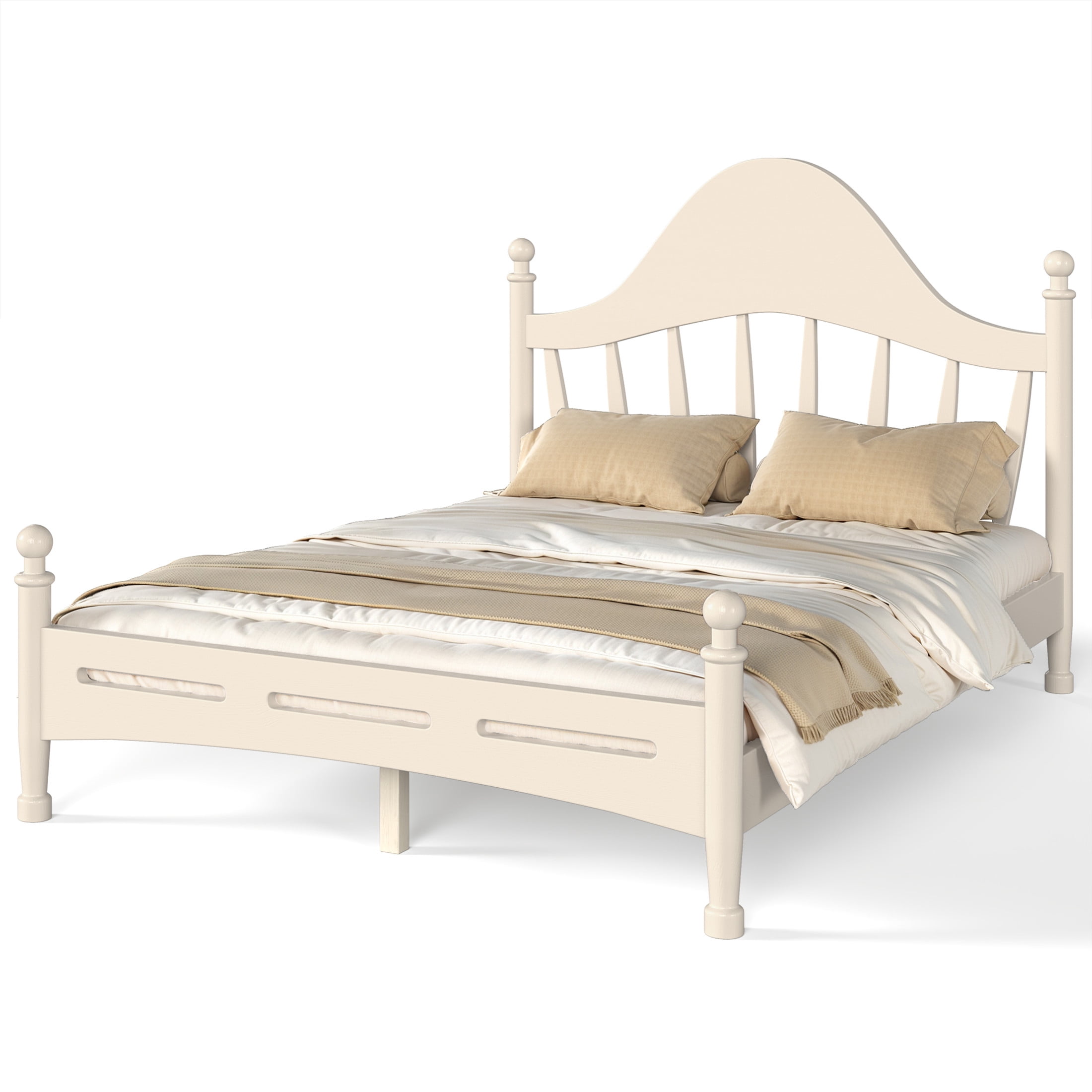 GDF Studio Full Size Platform Bed with Curved Headboard, Solid Pine Frame, Slatted Support, Beige