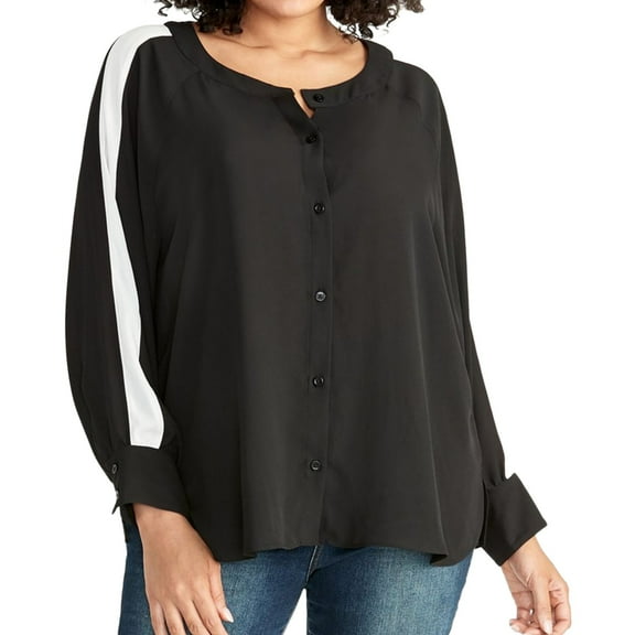 Rachel Roy Womens Striped Sleeve Button Down Blouse, Black, Medium