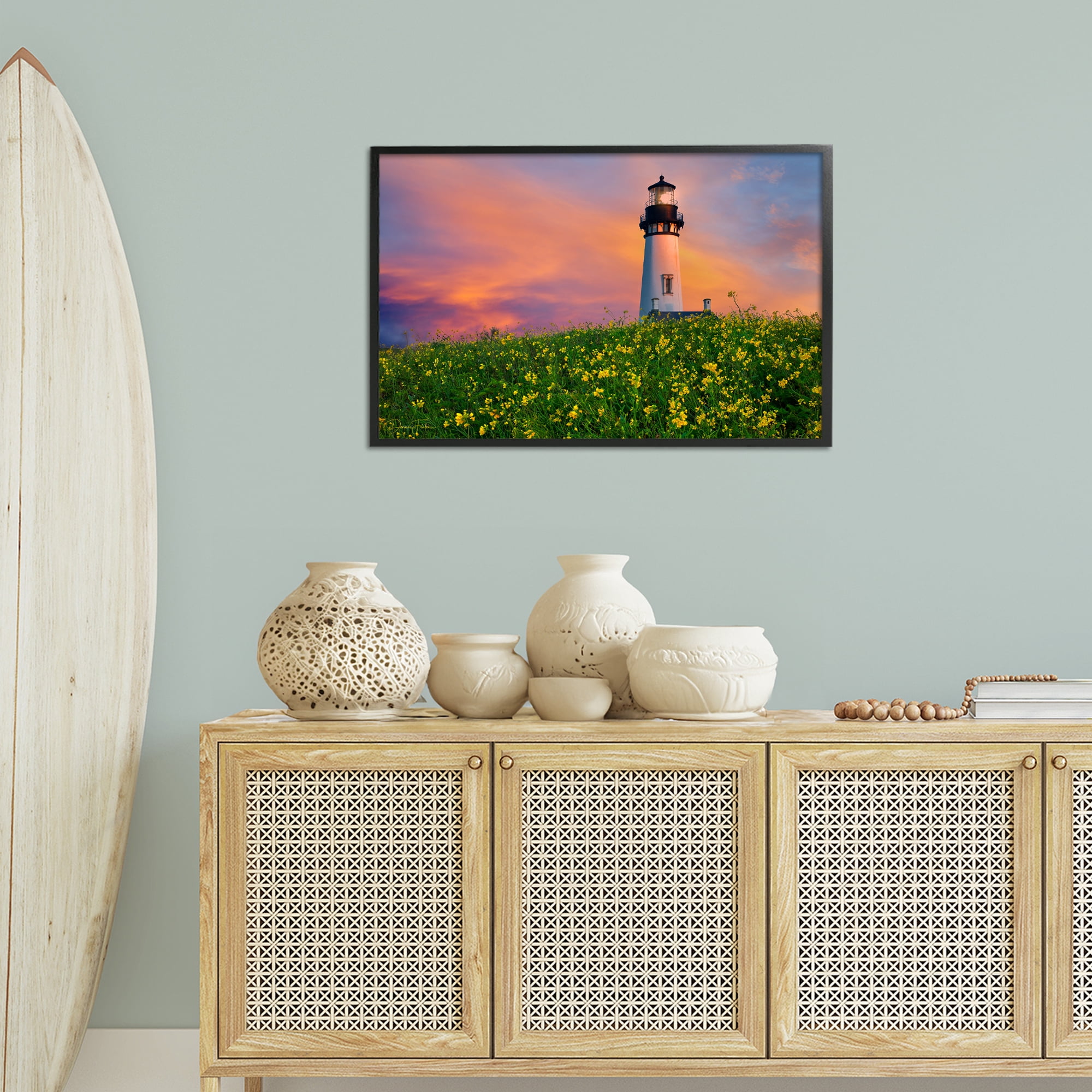 Stupell Industries Lighthouse & Floral Meadow Coastal Photography Black Framed Art Print Wall Art, 30 x 20