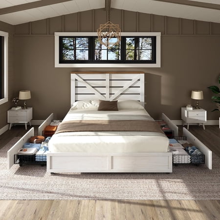 Amerlife 3 Piece Bedroom Set, Including Farmhouse Queen Bed Frame with 4 Drawers, 2 Nightstands with Charging Station for Bedroom, White