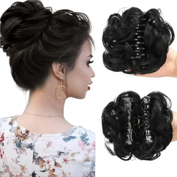 Deaumellos Bun Extension Clips, Wavy Claw Clip Messy Bun Hair Piece for Women, Stylish Buns Extension for Women, Synthetic Elastic Wavy Curly Hair Piece