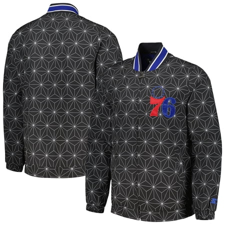 Men s Starter Black Philadelphia 76ers In-Field Play Fashion Satin Full-Zip Varsity Jacket
