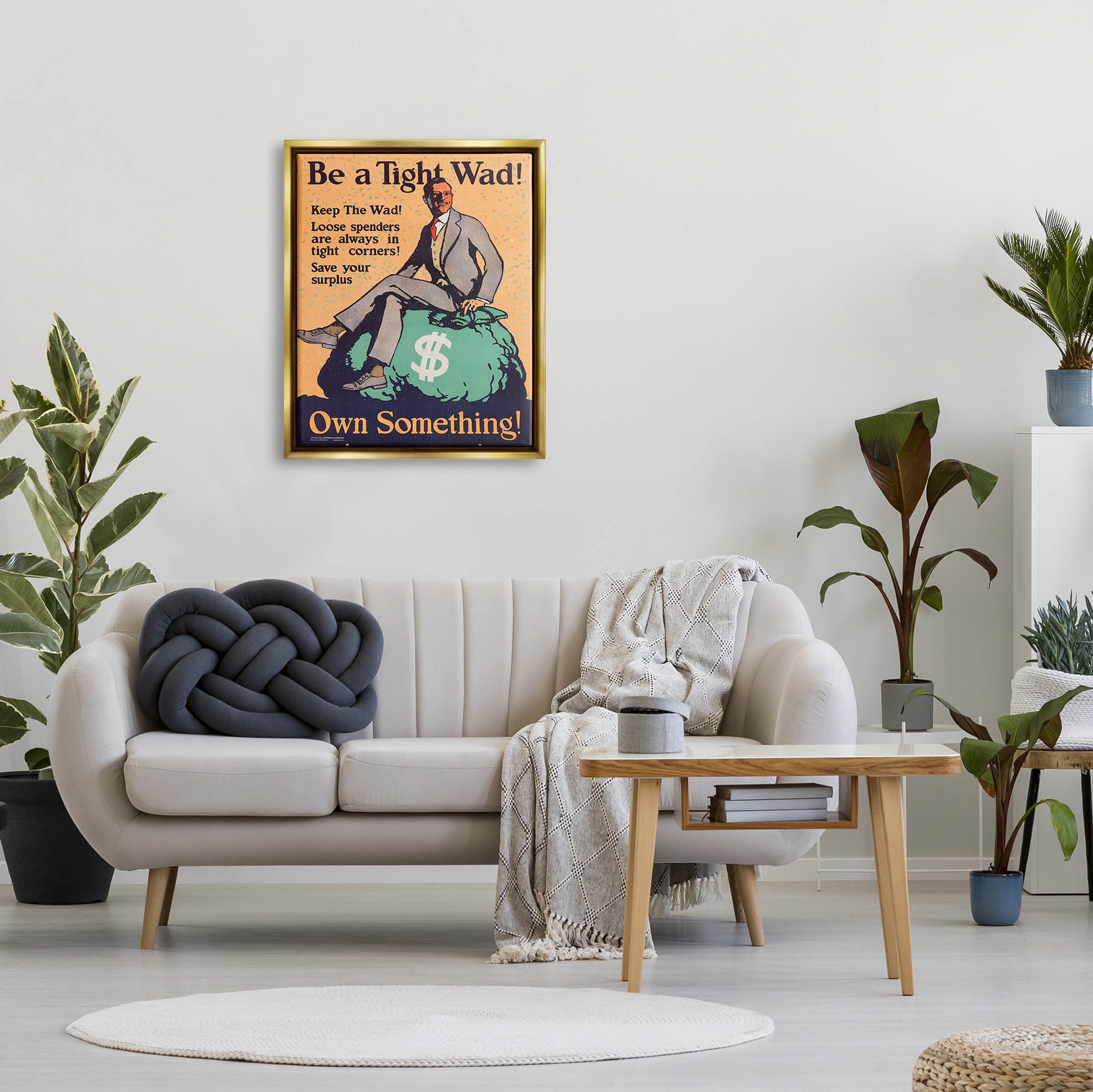 Stupell Industries Be a Tight Wad Retro Ad Graphic Art Metallic Gold Floating Framed Canvas Print Wall Art, Design by Marcus Jules