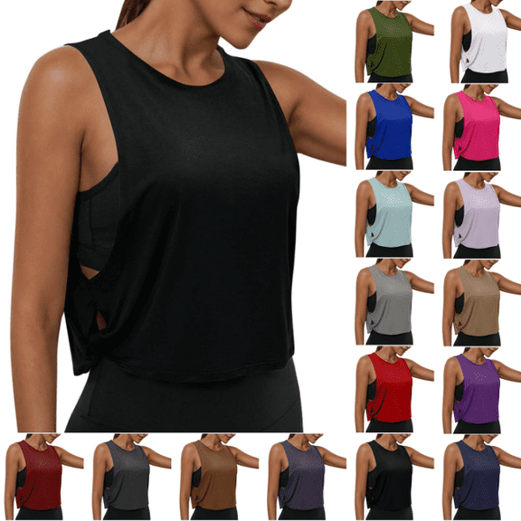 OIOLOYJM Cotton Cropped Workout Tank Tops for Women Summer Casual Quick Dry Sleeveless Athletic Shirts Sports Yoga Running Gym Workout T Shirts Black M