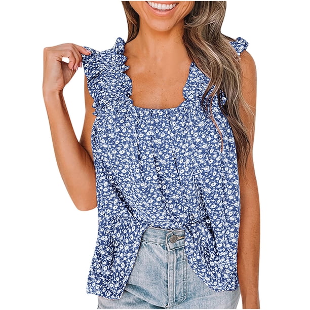Blusa sin mangas con estampado informal y cuello cuadrado de verano para mujer a la moda Fridja qr3037