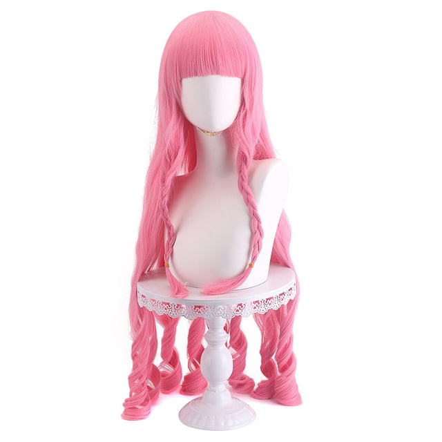 Peluca para cosplay de anime, rosa, larga, rizada, con trenzas y flequillo, 90 cm