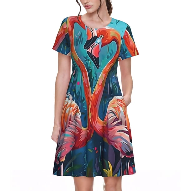 Disketp Romantic Flamingo Pair para Vestido de Manga Corta para Mujeres, Vestidos de Verano para Mujeres, Casual y Holgado para la Playa