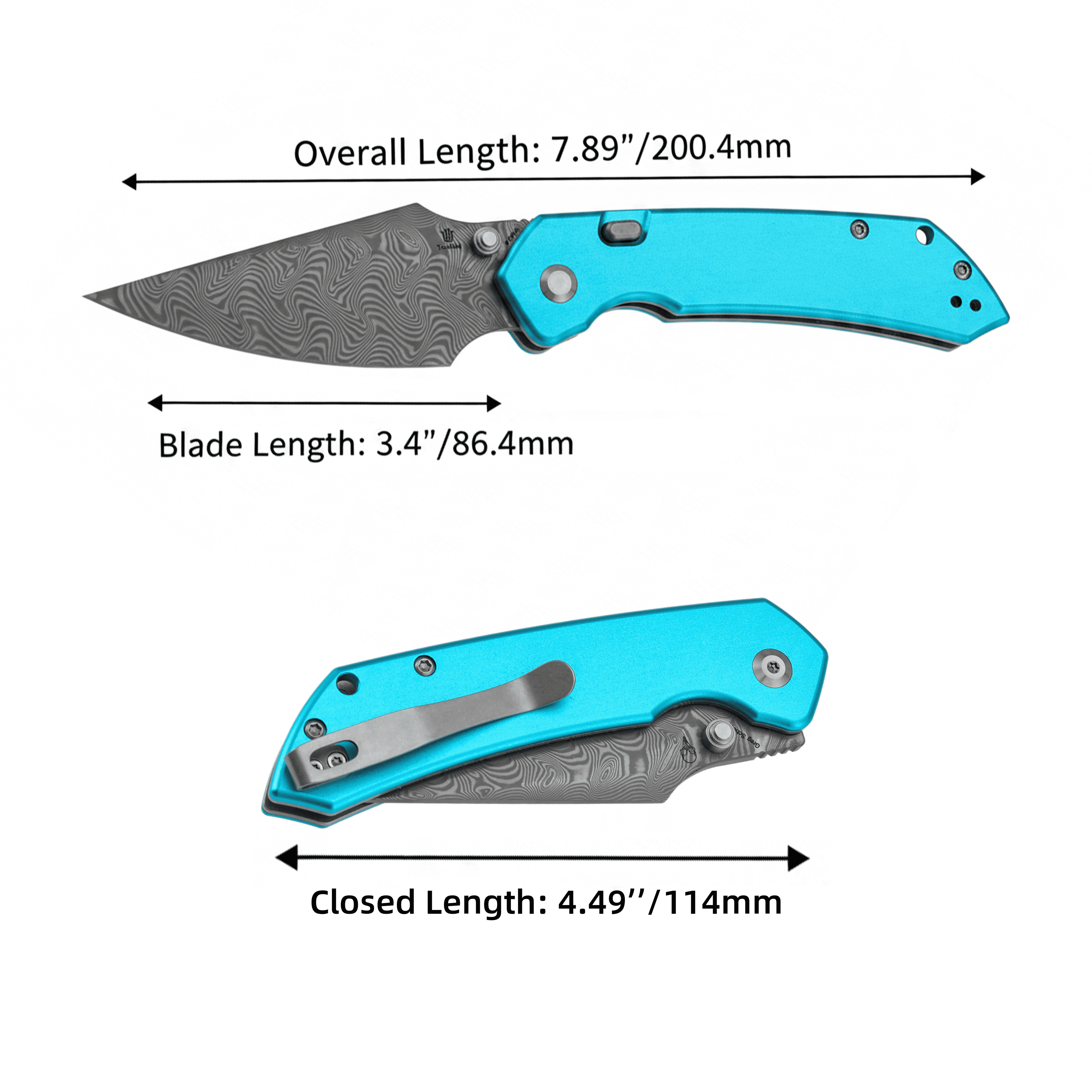 Tenable Fenrir Folding Pocket Knife 3.4“ Damascus Blade Blue Aluminum Handle B1034H8