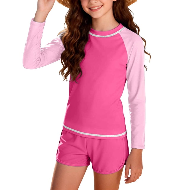 Girls Swimsuit Tankini Bathing Suit Long Sleeve Swim Top with Boyshorts Quickly Dry Modest Girls' Rash Guard Sets with Padding for 12-16 Years