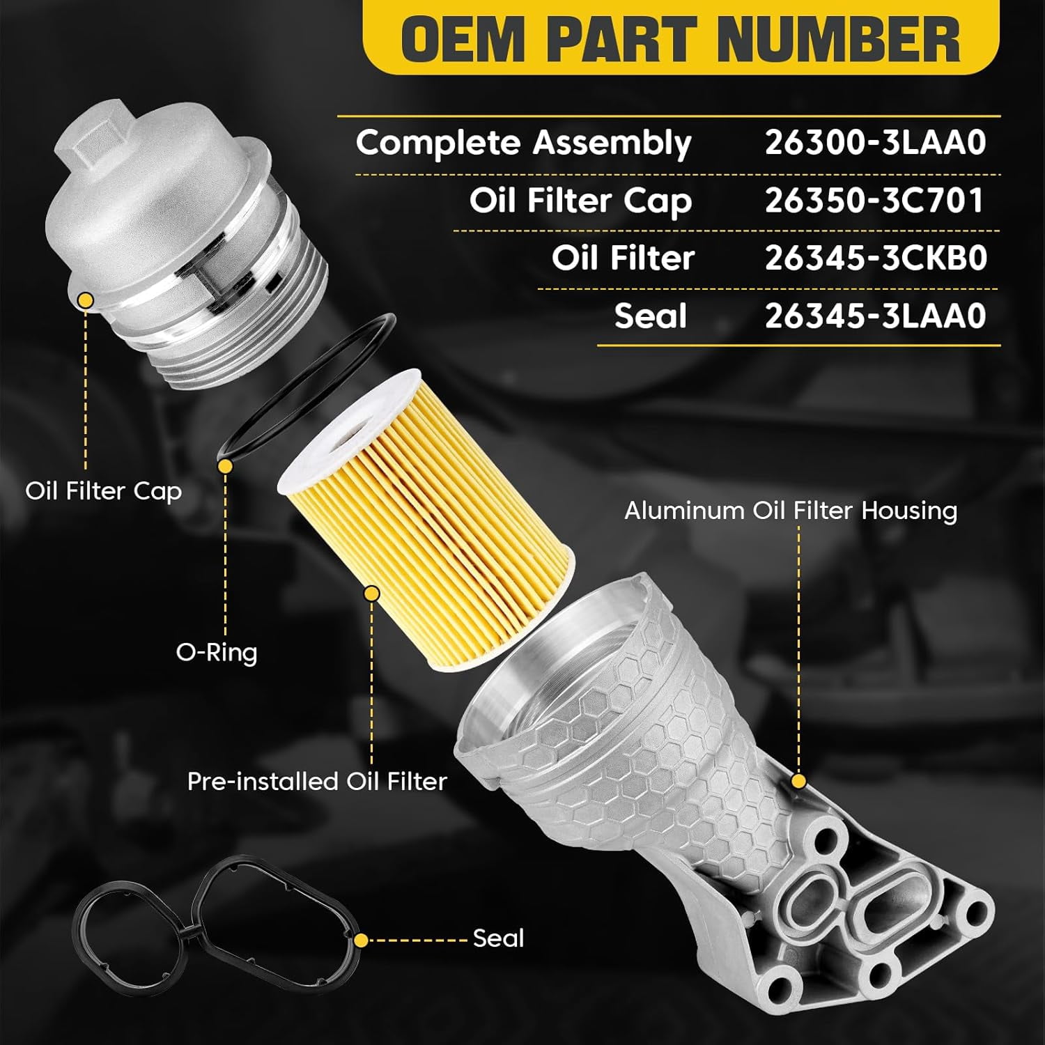 26300-3LAA0 Upgrade Full Aluminum Oil Filter Housing Compatible with Hyundai 14-16 Genesis 17-20 Genesis G80 20-23 Palisade Kia 17-20 Cadenza 19-20 Sorento 19-21 Sedona 20-24 Telluride OE# 263003LAA0