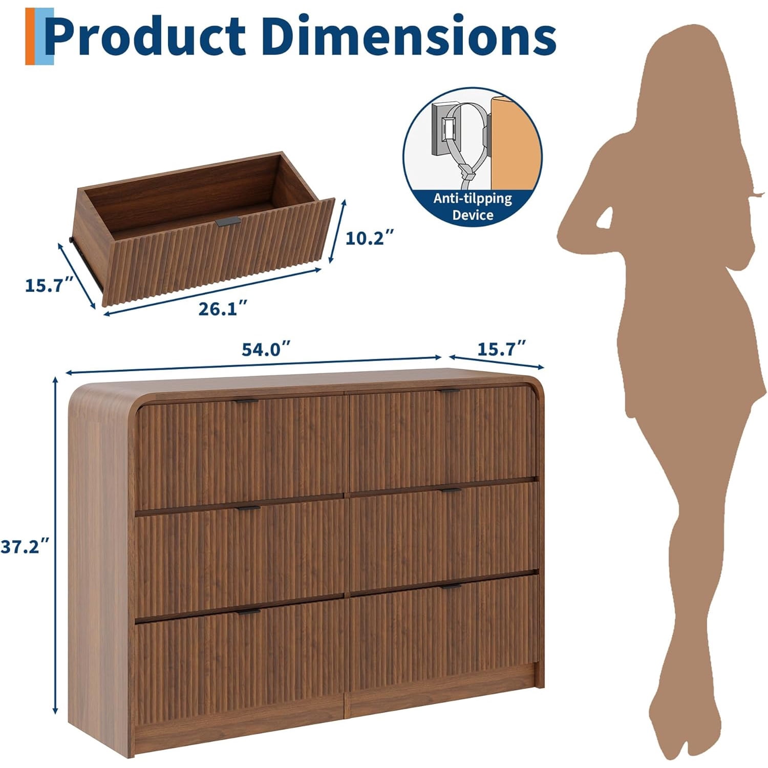 Fluted 6-Drawer Tall Dresser, Walnut Wood Deep Chest with Rounded Edge for Bedroom, Living Room, Hallway