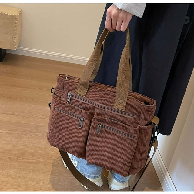 Vrorvz Corduroy Tote Bag For Women Multi Compartment Large Capacity Shoulder Bag Work Travel Shopping Functional Design Light Weight With Internal Pockets Versatile