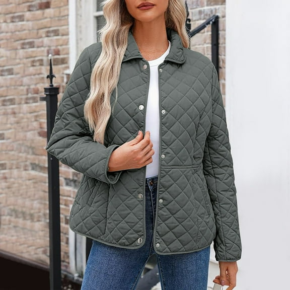 Qetyuw Womens Quilted Jackets Button Down Puffer Jacket Lightweight Long Sleeve Coats Turndown Collar Outerwear with Pockets Winter Outdoor Warm Clothes