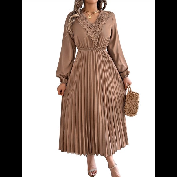Vestido Informal de Otoño para Mujer, de Larga, con Escote en V y Pliegues, Corte A. Caqui XL