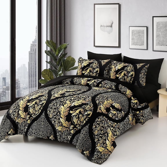 Black Gold Comforter Set King Size, 7 Pieces Bohemian Damask Comforter Set Soft Lightweight Microfiber Bedding Set for All Season (104"x90")