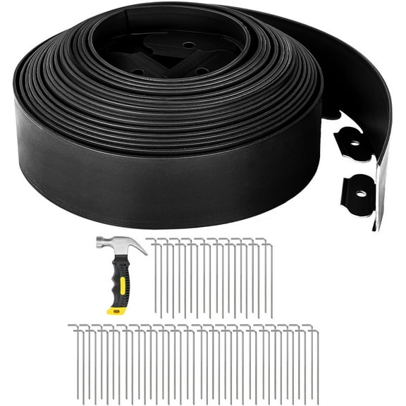 66FT Landscape Edging Flexible 4 inch Tall Garden Border with 60pcs Galvanized Steel Anchoring Spikes and Hammer Lawn Edging Kit for Flower Bed, Pathway, Landscaping Project, Black