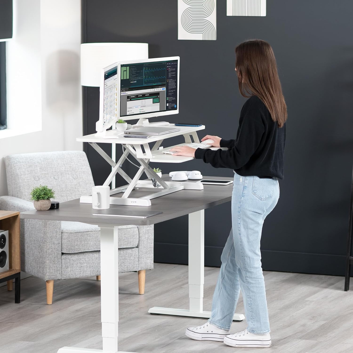 SUSUZI 37" Standing Desk Converter, 2 Tier Height Adjustable Sit Stand up Desk Riser, White