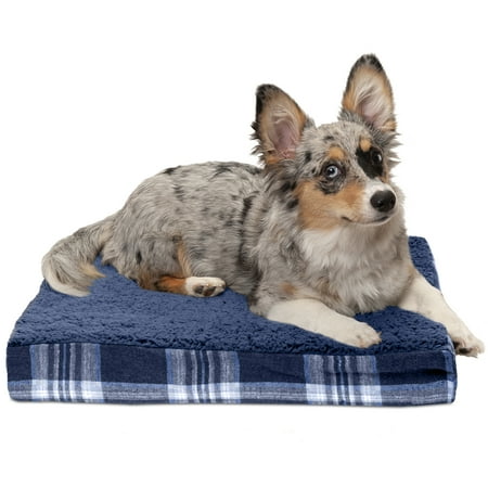UPC: 0815181023379 | FurHaven Pet Dog Bed | Deluxe Memory Foam Faux Sheepskin & Plaid Mattress Pet Bed for Dogs & Cats  Midnight Blue  Small