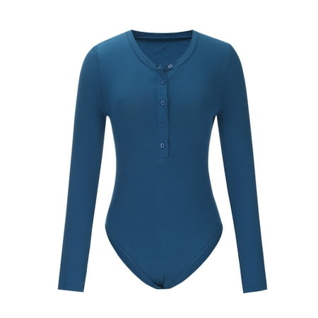 

2023 Women s Bodysuits Long Sleeve Button Up Henley Shirt Solid Tight Fitted Ribbed Knit Leotard Top Playsuits
