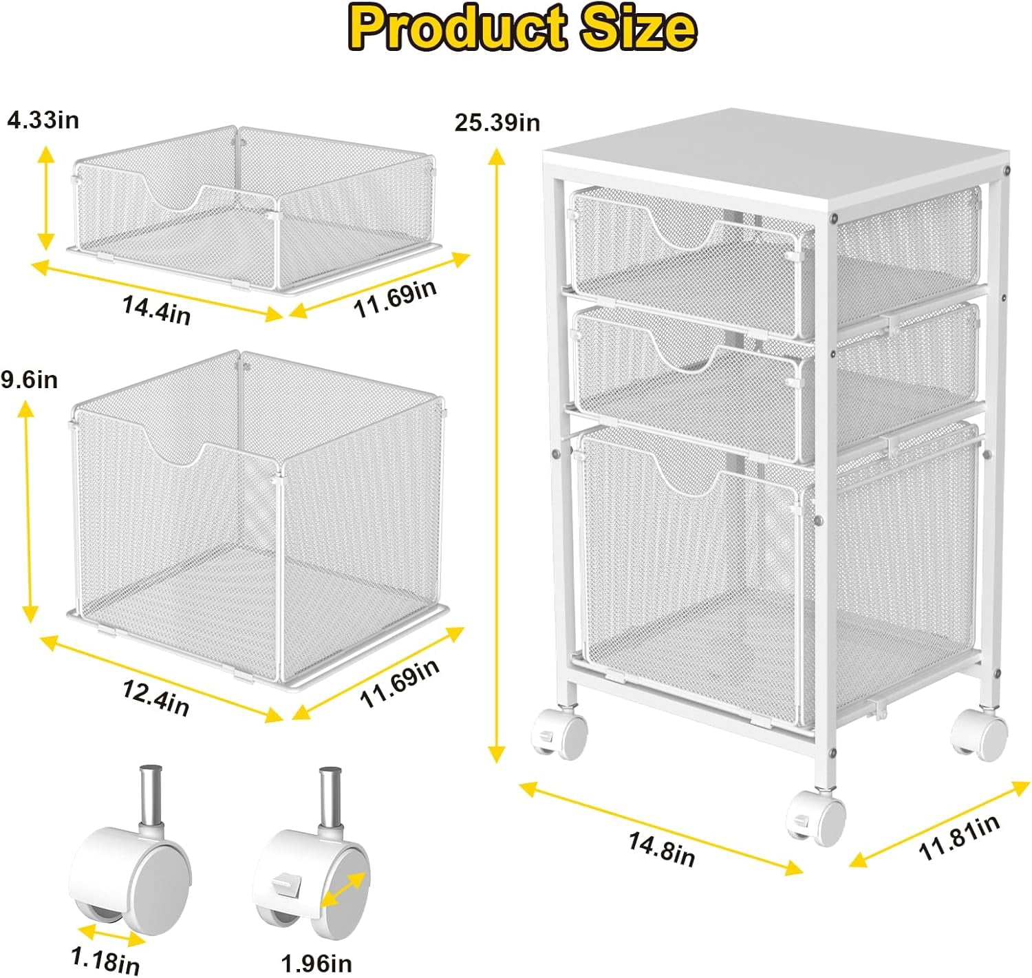 Rolling File Cart with 3 Storage Drawers, Under Desk Hanging File Folder Organizer Cart for Home Office, 11.81"D x 14.8"W x 25.39"H, White