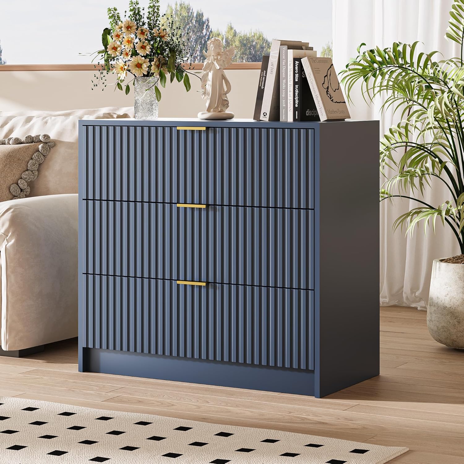 FURNIWAY 3 Drawer Fluted Dresser, 32 Inch Wide Nightstand with Large Drawer, 3 Drawer End Table for Bedroom, Living Rooms, Offices and Entryways,Blue