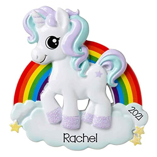 2021 Personalized Glittered Lily Pony Unicorn with Rainbow Ornament Christmas Tree Ornament Handwritten Customized Decoration Fairytale Ornaments Baby Girl Boy Gift-Free Personalization