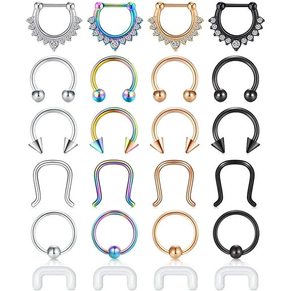 Briana Williams 24pcs Pack 16g Nose Septum Hoop Horseshoe Ring Surgical Steel Piercing Jewery for Women Men