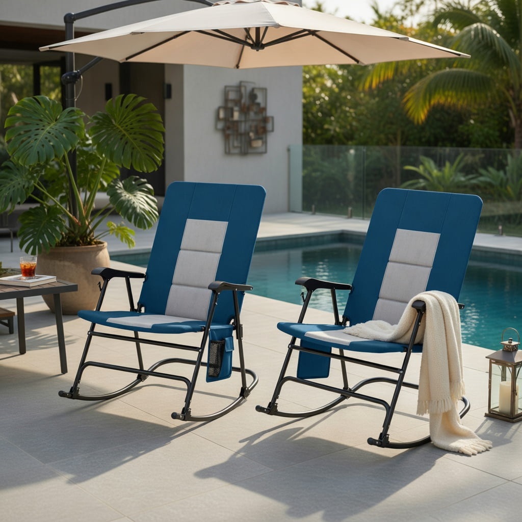 Hommoo Premium Foldable Rocking Camping Chair with Padded Backrest, Armrests, Cup Holder & Side Pocket, Outdoor Patio Chair, Navy
