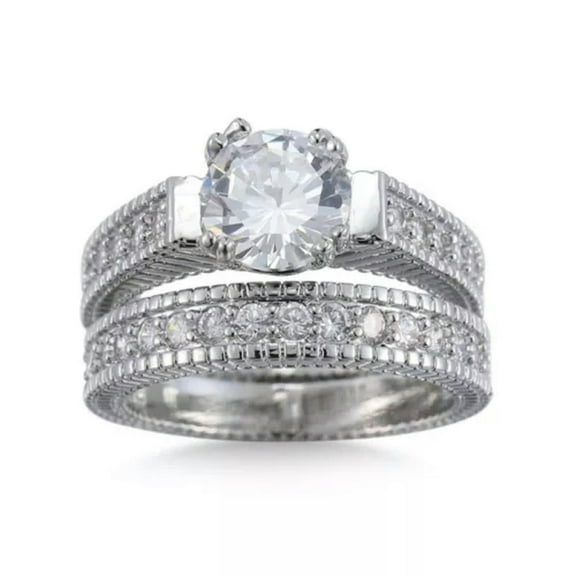 EOEMY Round Cut White Topaz Band Women'S 925 Silver Wedding Jewelry Ring Set Size 6-11