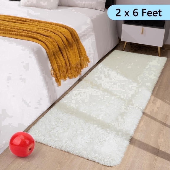 Tripumer Bedside Rugs Furry Area Rug 2 x 6 feet Thin Shaggy Indoor Floor Carpet Runner Rugs for Living Room Bedroom Home Decor White