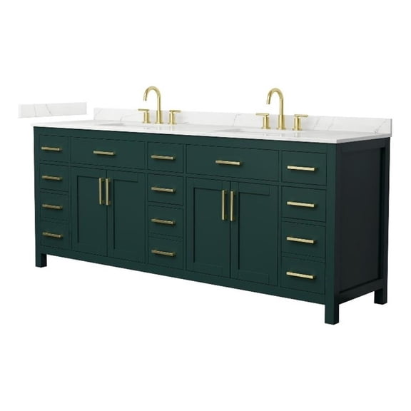 Beckett 84" Green Double Vanity & Giotto Quartz Top (3-Hole) & Gold Trim