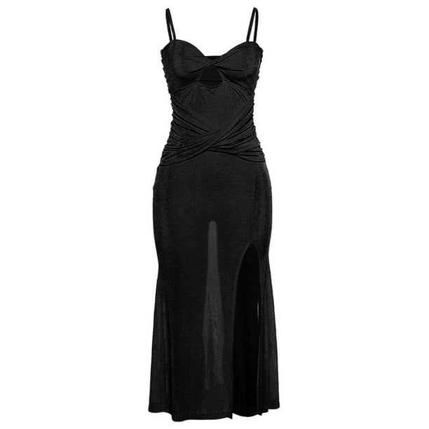 VISgogo Vestido largo ahuecado para mujer, sin mangas, de color sólido, de corte bajo, fruncido, de una pieza, vestido ajustado sin espalda con abertura alta VISgogo moda